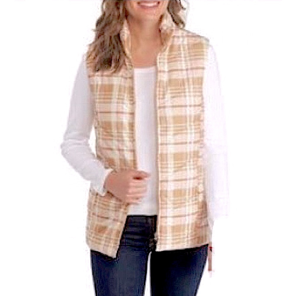 NEW Kim Rogers Women’s Toffee/Cream/Red Plaid Puffer Zip Up Vest